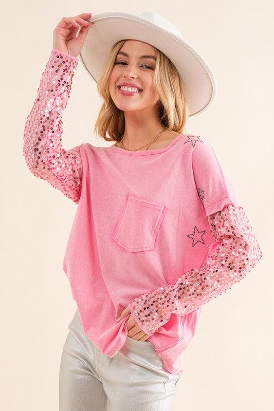 Star Printed Shoulder Sequin Sleeve Top Shirts & Tops