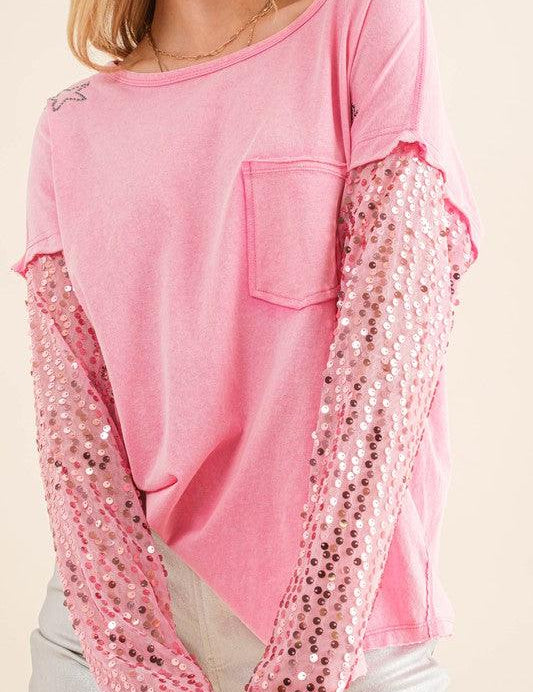 Star Printed Shoulder Sequin Sleeve Top Shirts & Tops