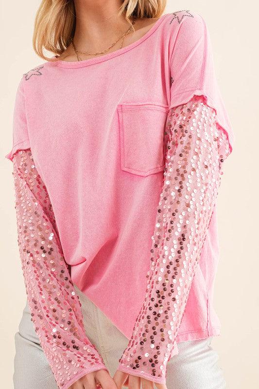 Star Printed Shoulder Sequin Sleeve Top Shirts & Tops