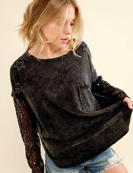 Star Printed Shoulder Sequin Sleeve Top Shirts & Tops