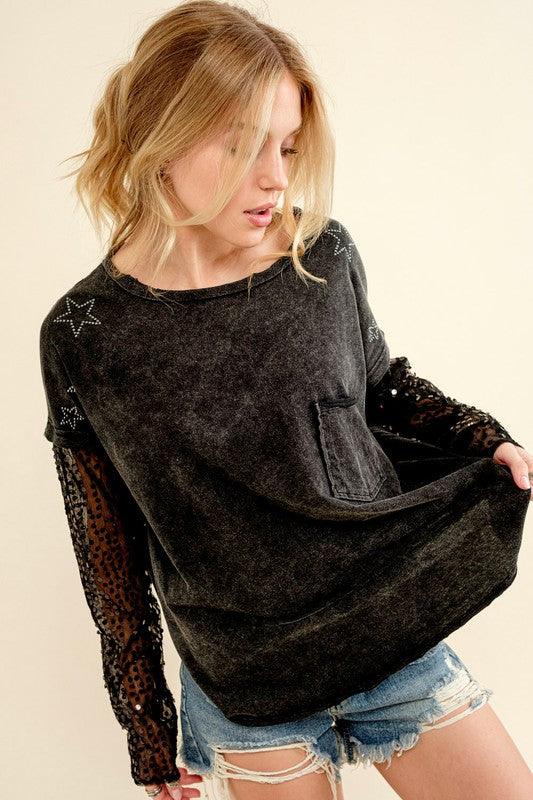 Star Printed Shoulder Sequin Sleeve Top Shirts & Tops