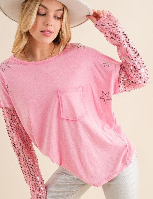 Star Printed Shoulder Sequin Sleeve Top Hot Pink Shirts & Tops