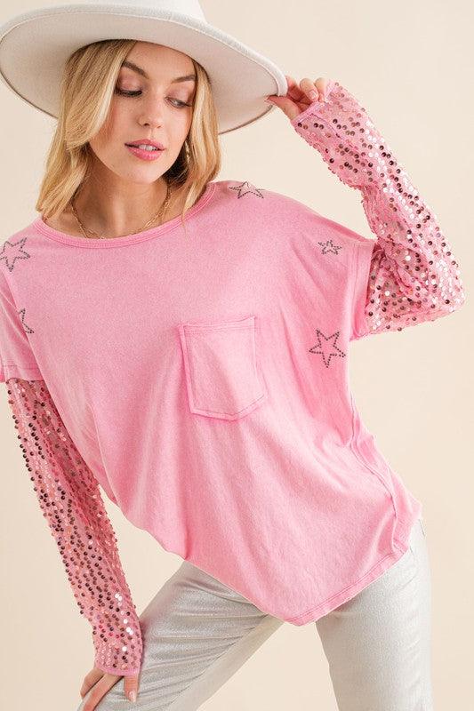 Star Printed Shoulder Sequin Sleeve Top Hot Pink Shirts & Tops