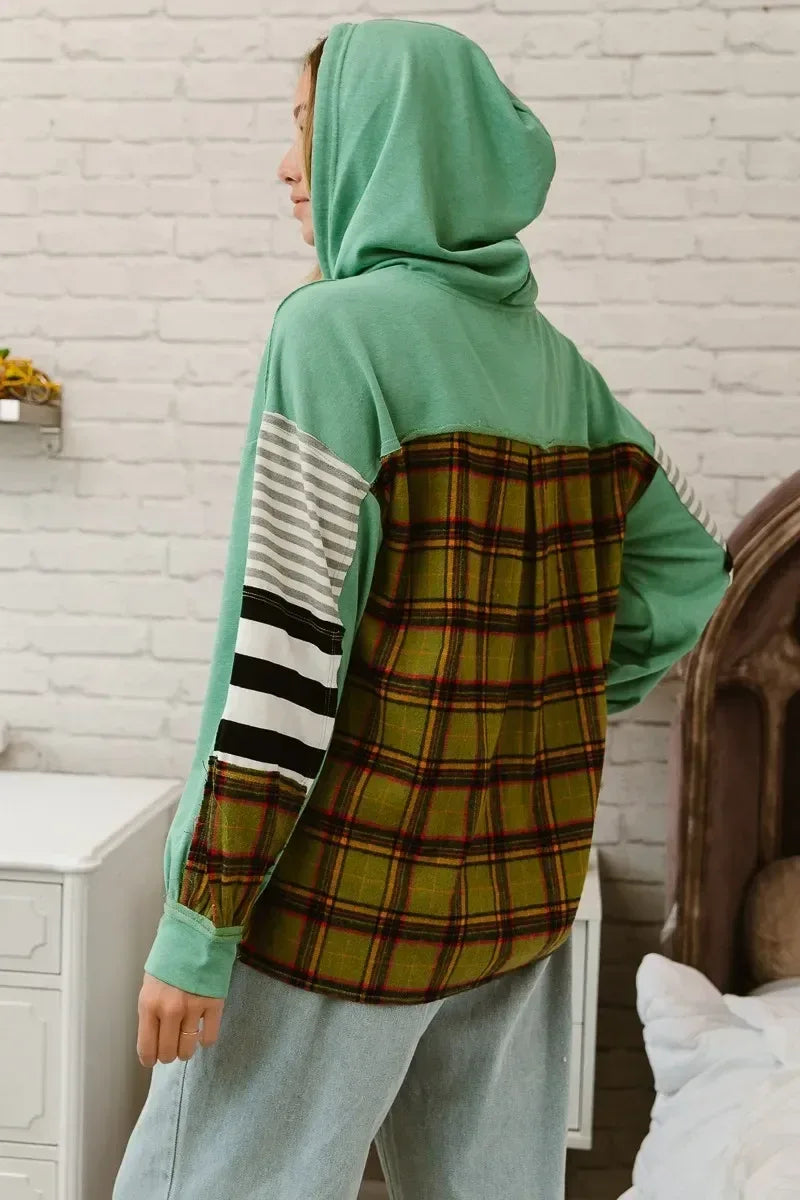 BiBi Plaid With Stripes Mix Match French Terry Hoodie - DAVERRI FASHIONS