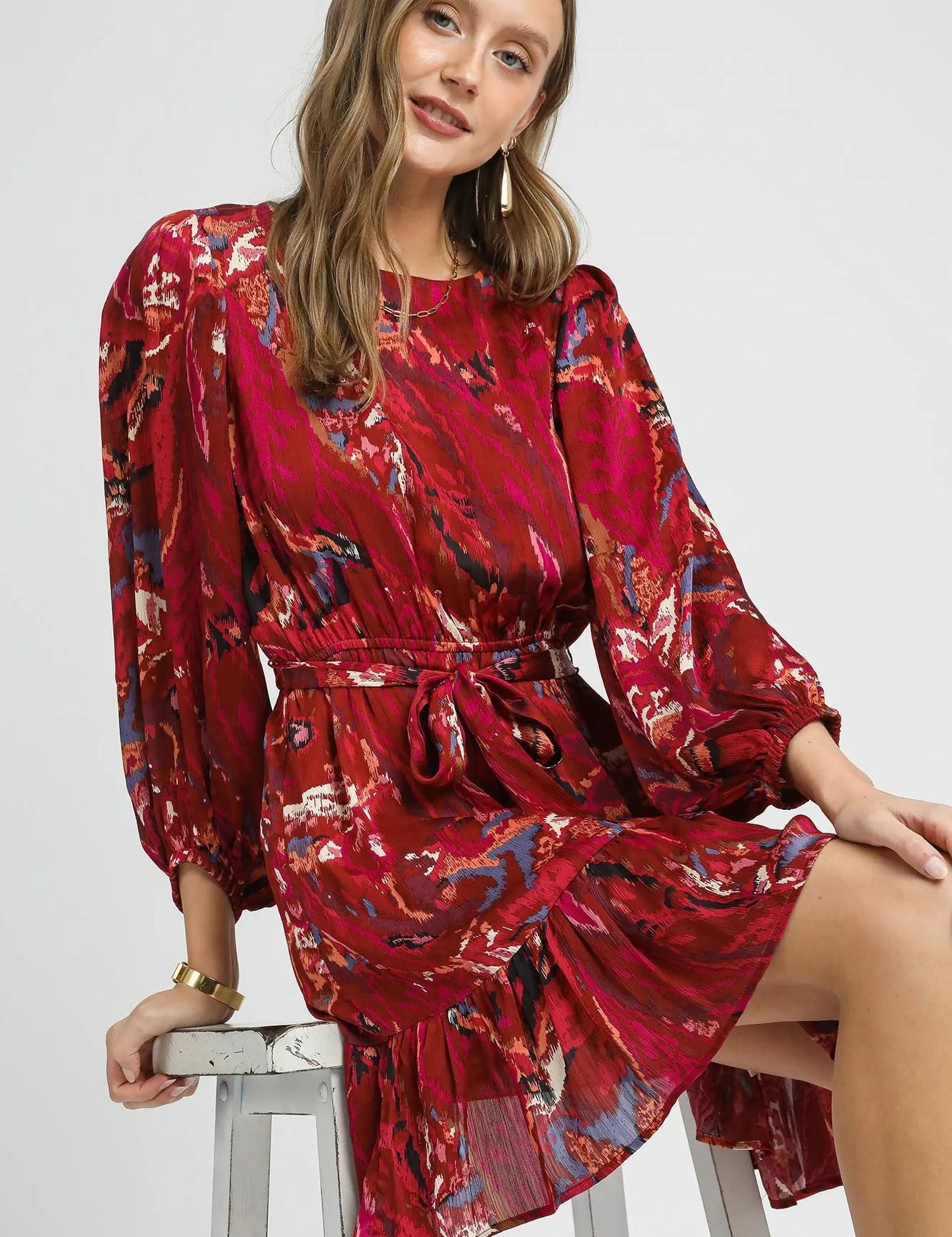 Umgee Ruffled Hem Printed Balloon Sleeve Dress | Mini Dresses Daverri Fashions