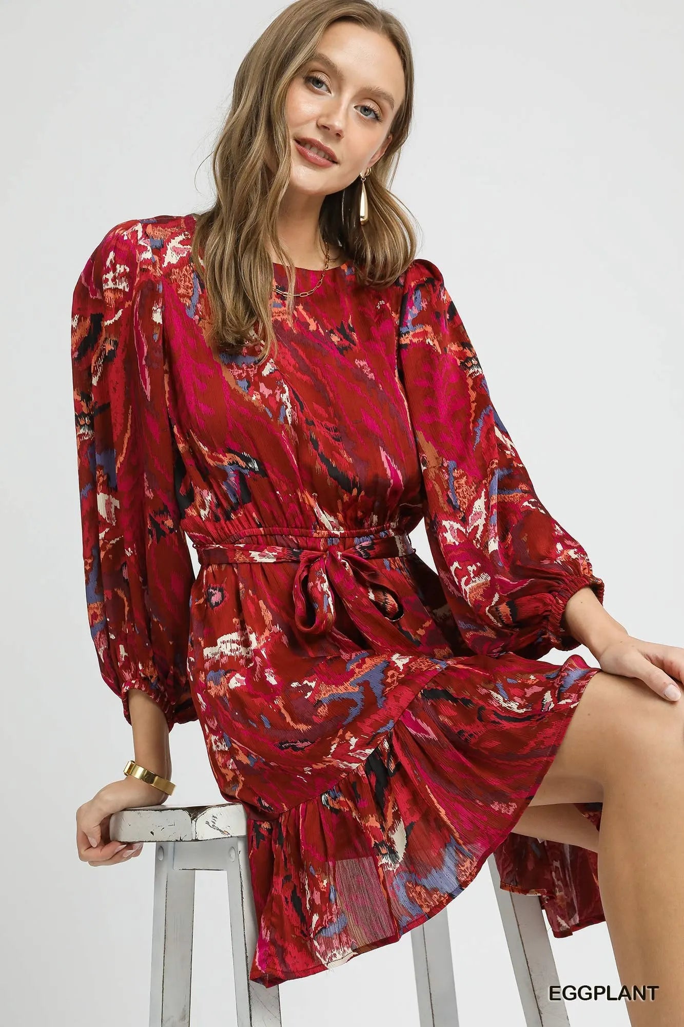 Umgee Ruffled Hem Printed Balloon Sleeve Dress Mini Dresses