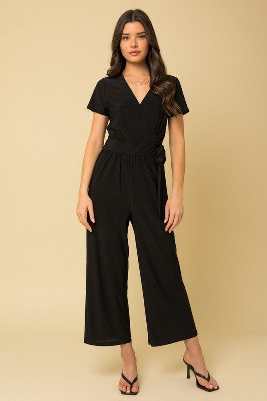 Surplice Faux Wrap Black Cropped Jumpsuit Black S Jumpsuits