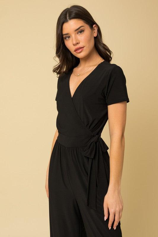 Surplice Faux Wrap Black Cropped Jumpsuit Jumpsuits