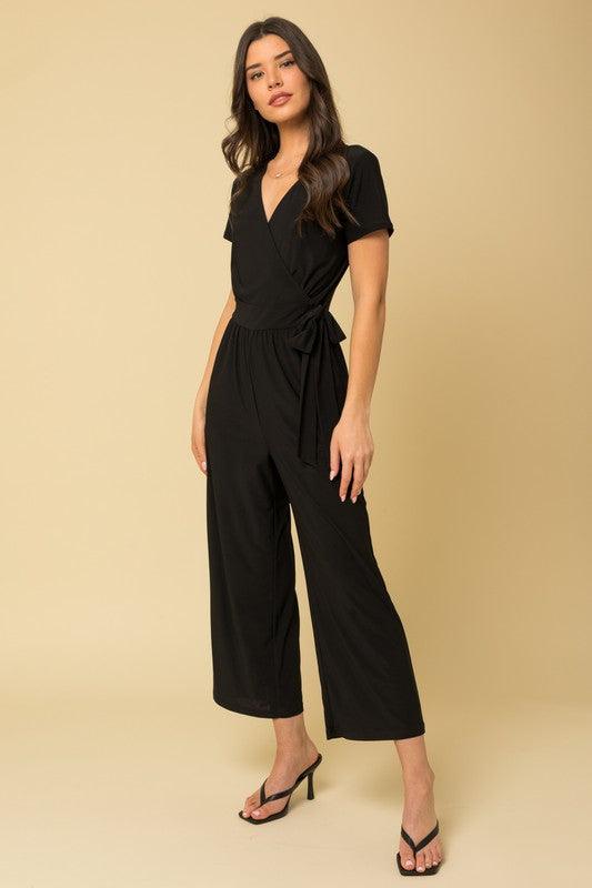 Surplice Faux Wrap Black Cropped Jumpsuit Jumpsuits