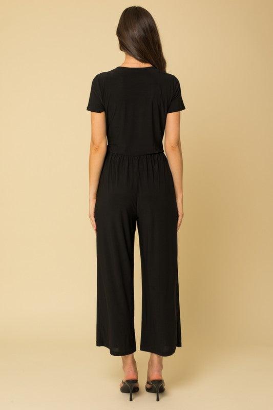 Surplice Faux Wrap Black Cropped Jumpsuit Jumpsuits