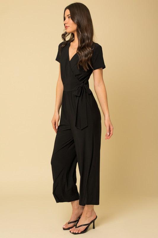 Surplice Faux Wrap Black Cropped Jumpsuit Jumpsuits