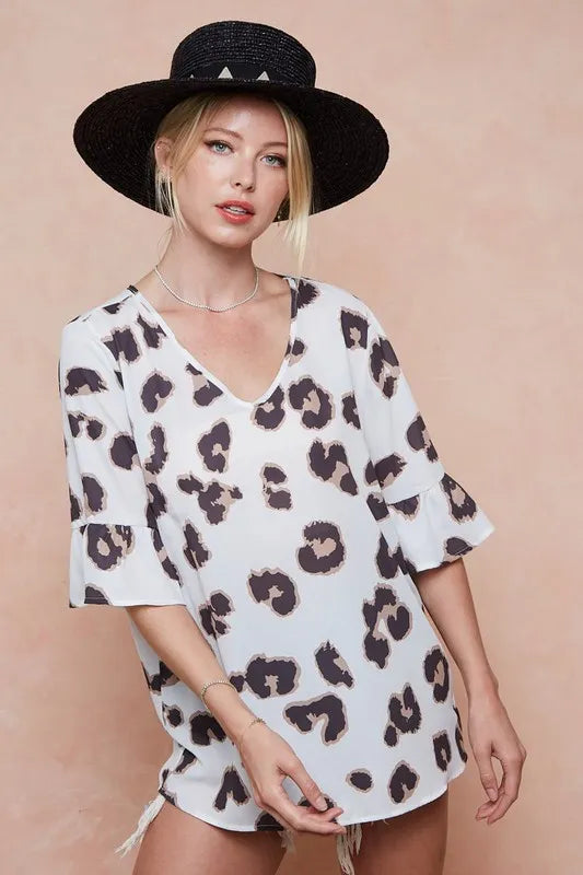 BiBi Leopard Printed V Neck Woven Top with Ruffled | Blouses Daverri Fashions