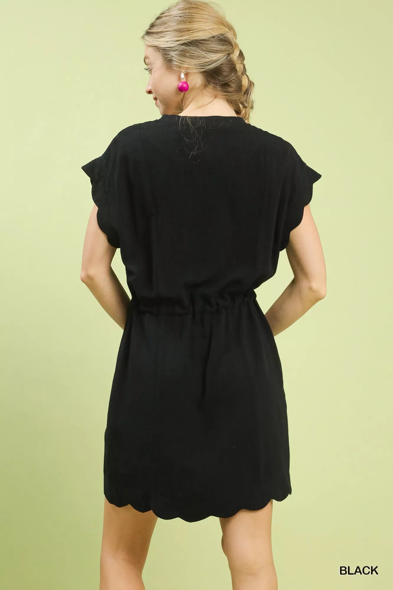Black Umgee linen blend scallop hem mini dress with ruffles