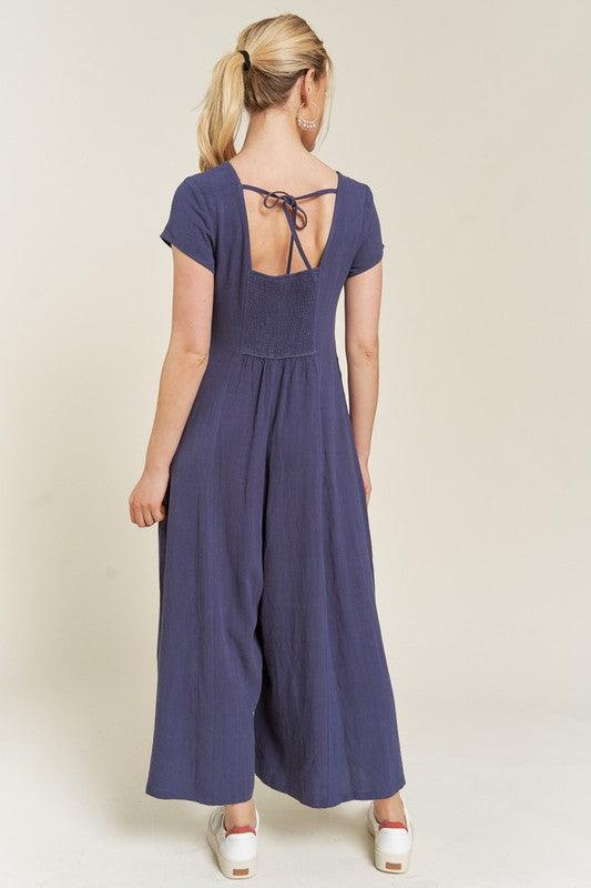 Button Down Short Sleeve Linen Jumpsuit Jumpsuits