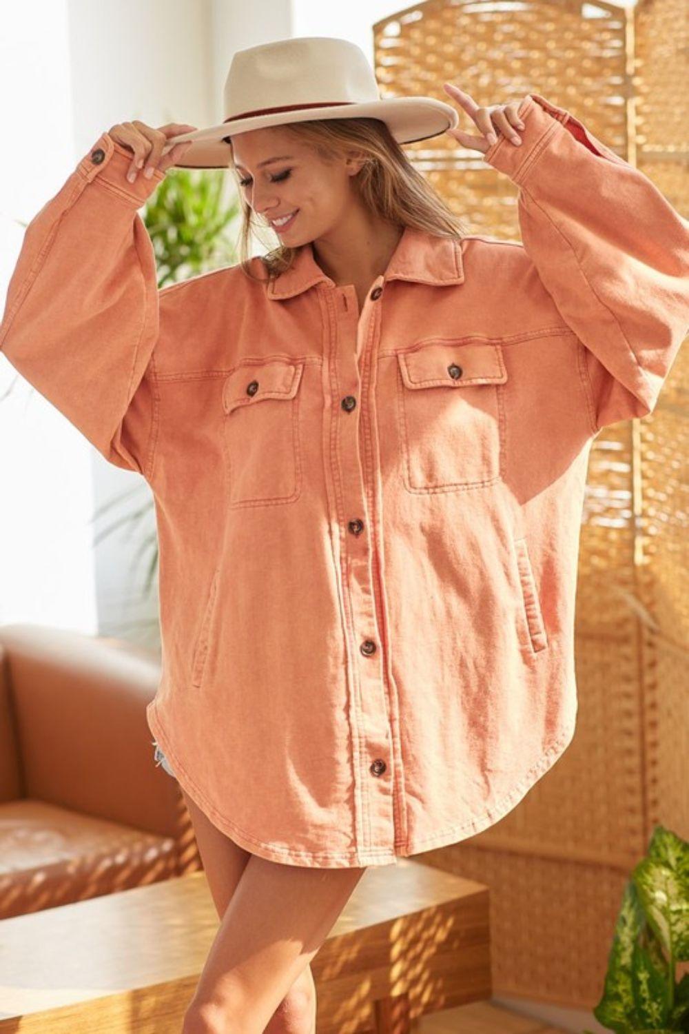 BiBi Washed Button Up Shacket with Chest Pockets | Daverri Fashions