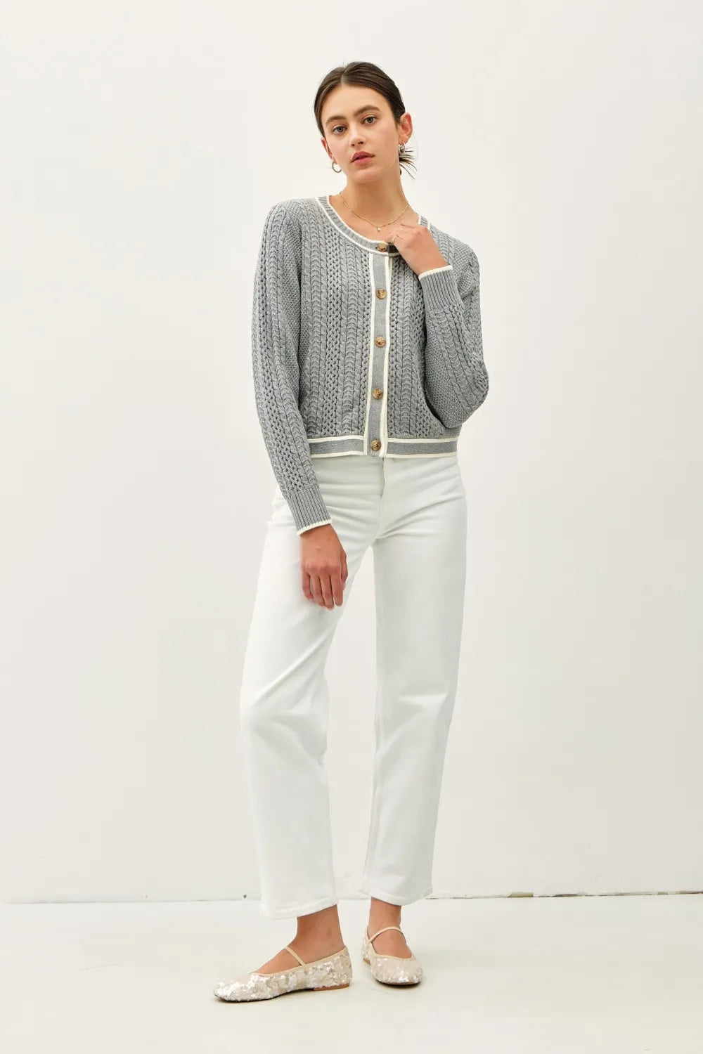 Be Cool Cable Knit Long Sleeve Contrast Edge Cardigan | Cardigans Daverri Fashions