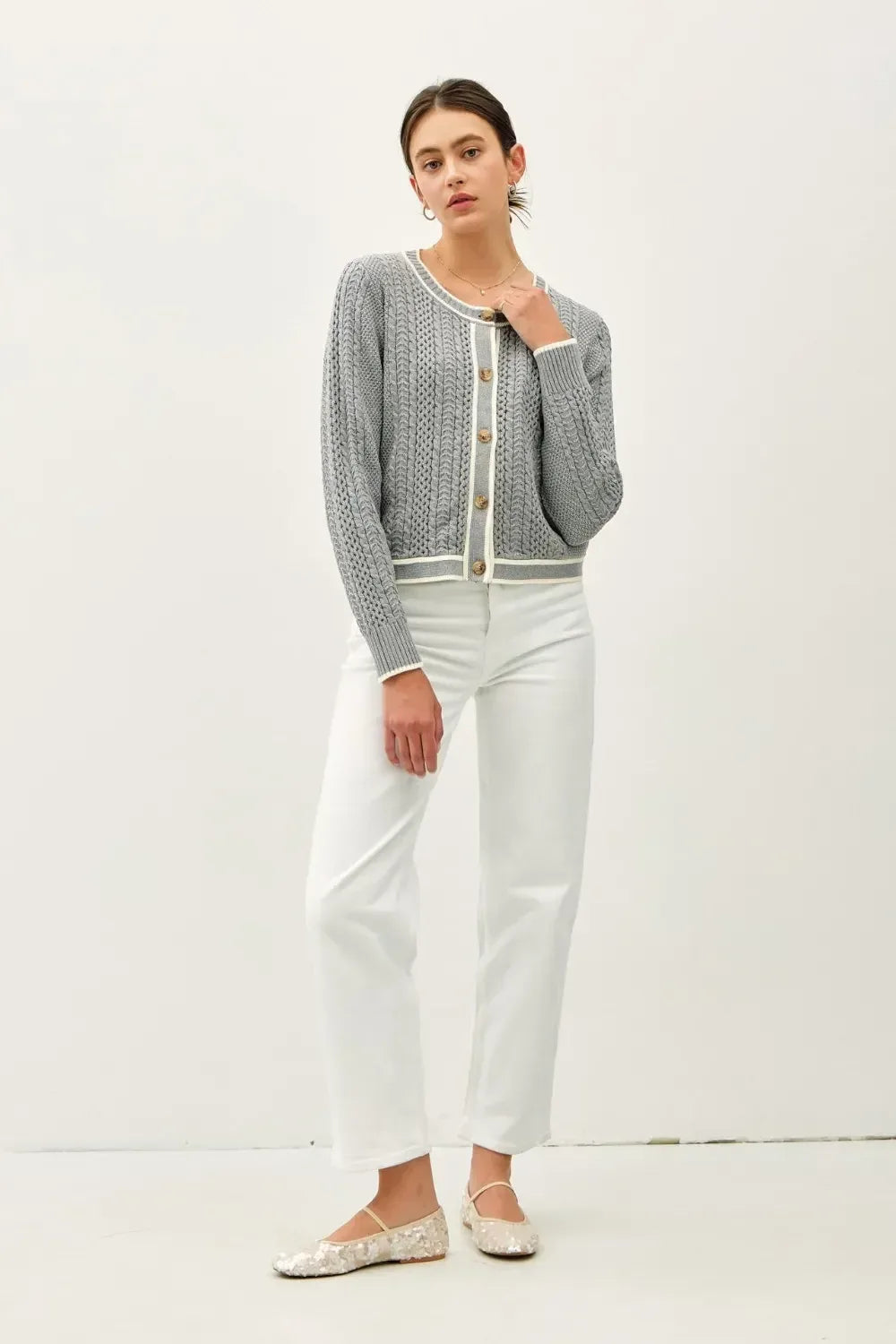 Be Cool Cable Knit Long Sleeve Contrast Edge Cardigan - DAVERRI FASHIONS