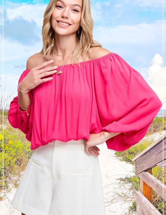 Balloon Sleeve Off Shoulder Blouse VIVID PINK TOPS