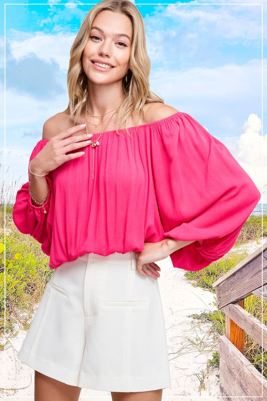 Balloon Sleeve Off Shoulder Blouse VIVID PINK TOPS