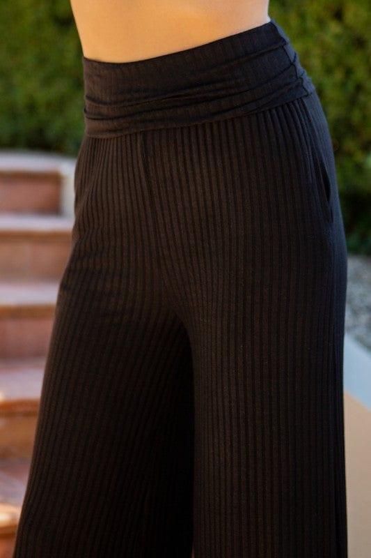 Wide Leg Ribbed Pants with Side Pockets Pants