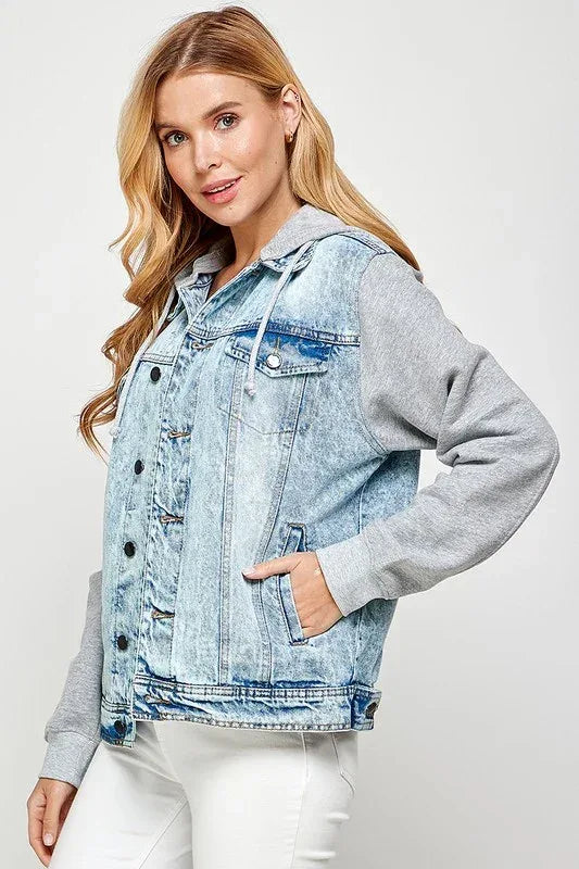 Women's Denim Fleece Hoodie Jacket - DAVERRI FASHIONS