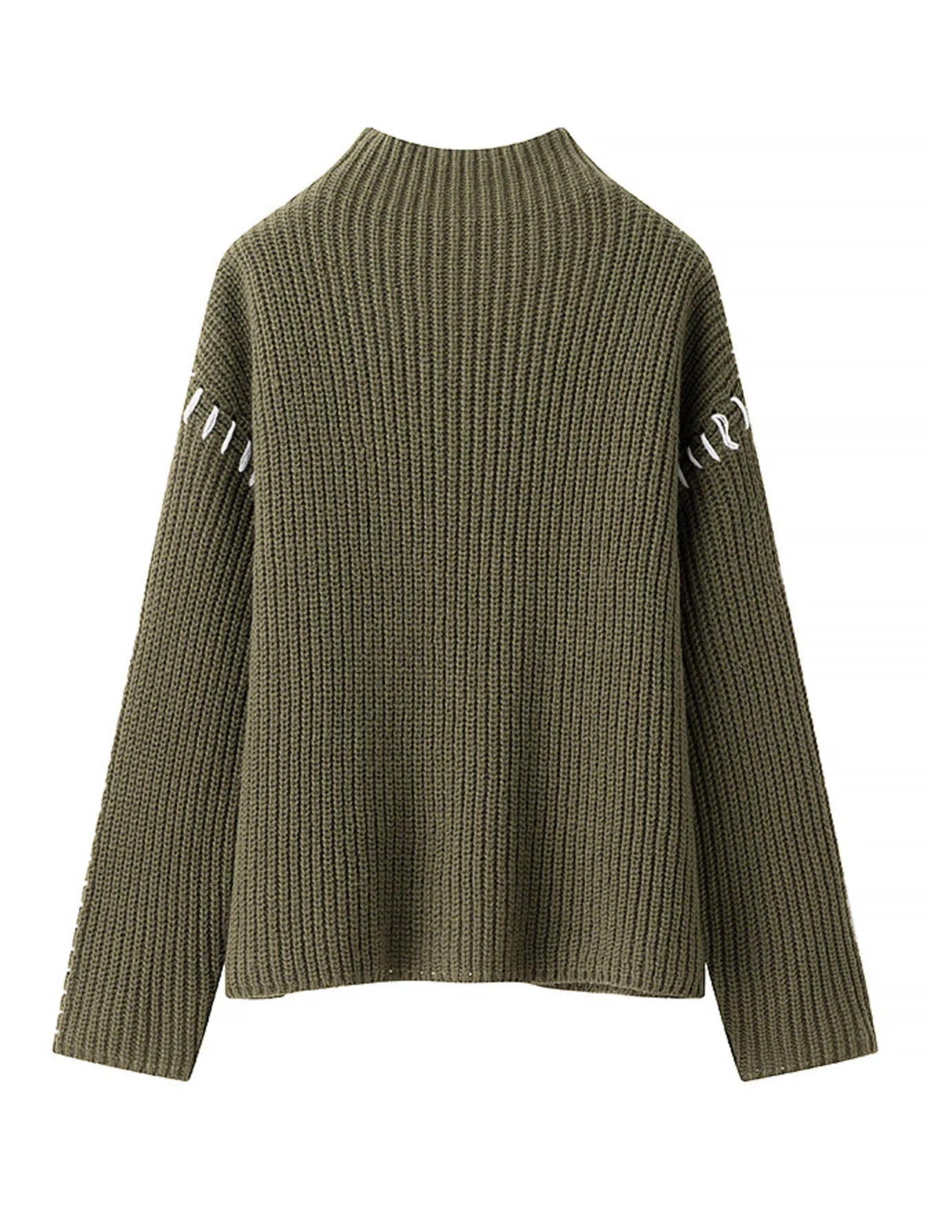 Olive green ribbed Contrast Mock Neck Long Sleeve Sweater with white sleeve lettering