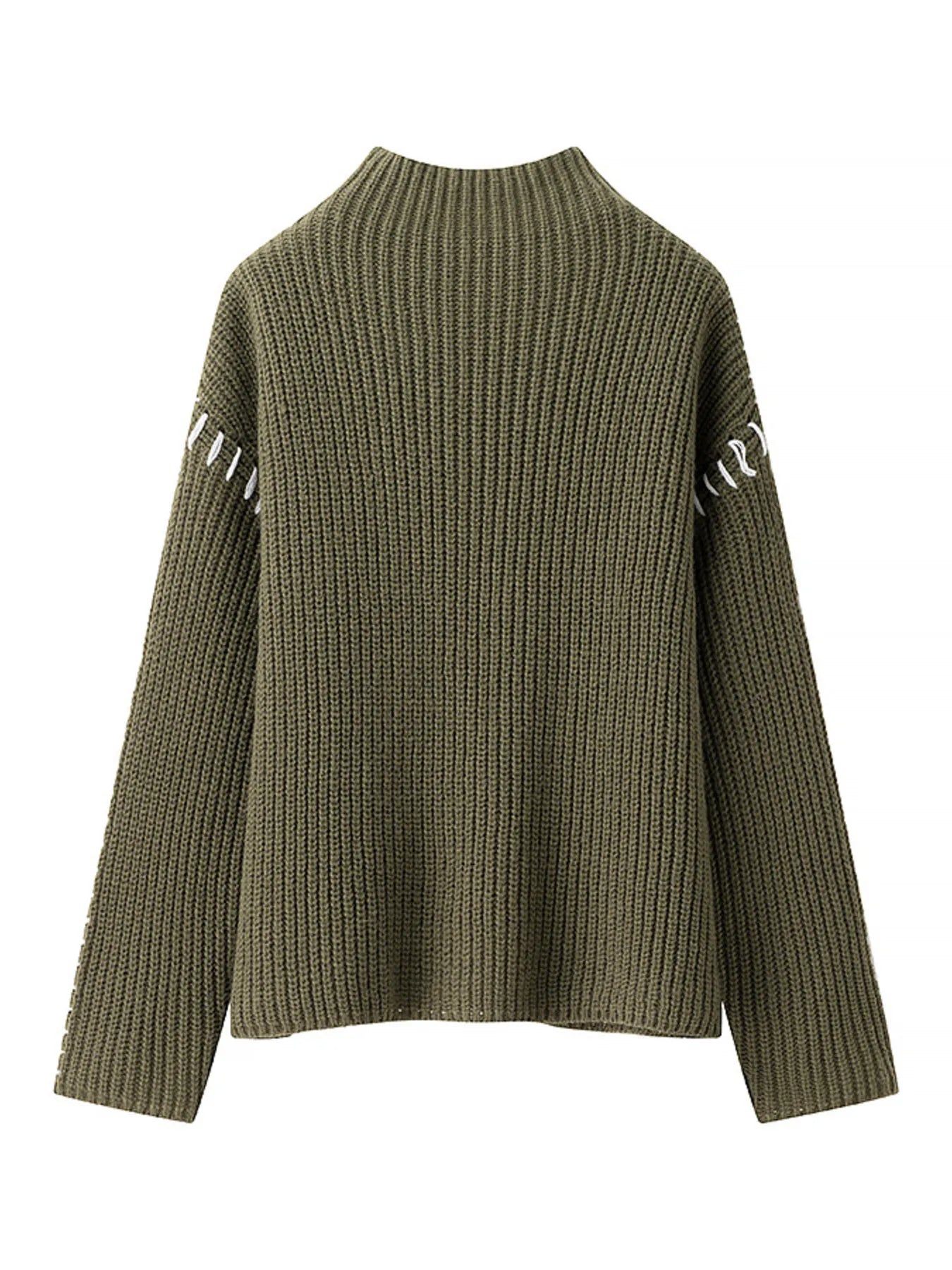 Olive green ribbed Contrast Mock Neck Long Sleeve Sweater with white sleeve lettering