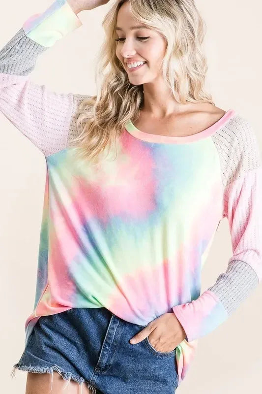 BiBi Tie Dye Terry Top with Color Block Pointelle Knit - DAVERRI FASHIONS