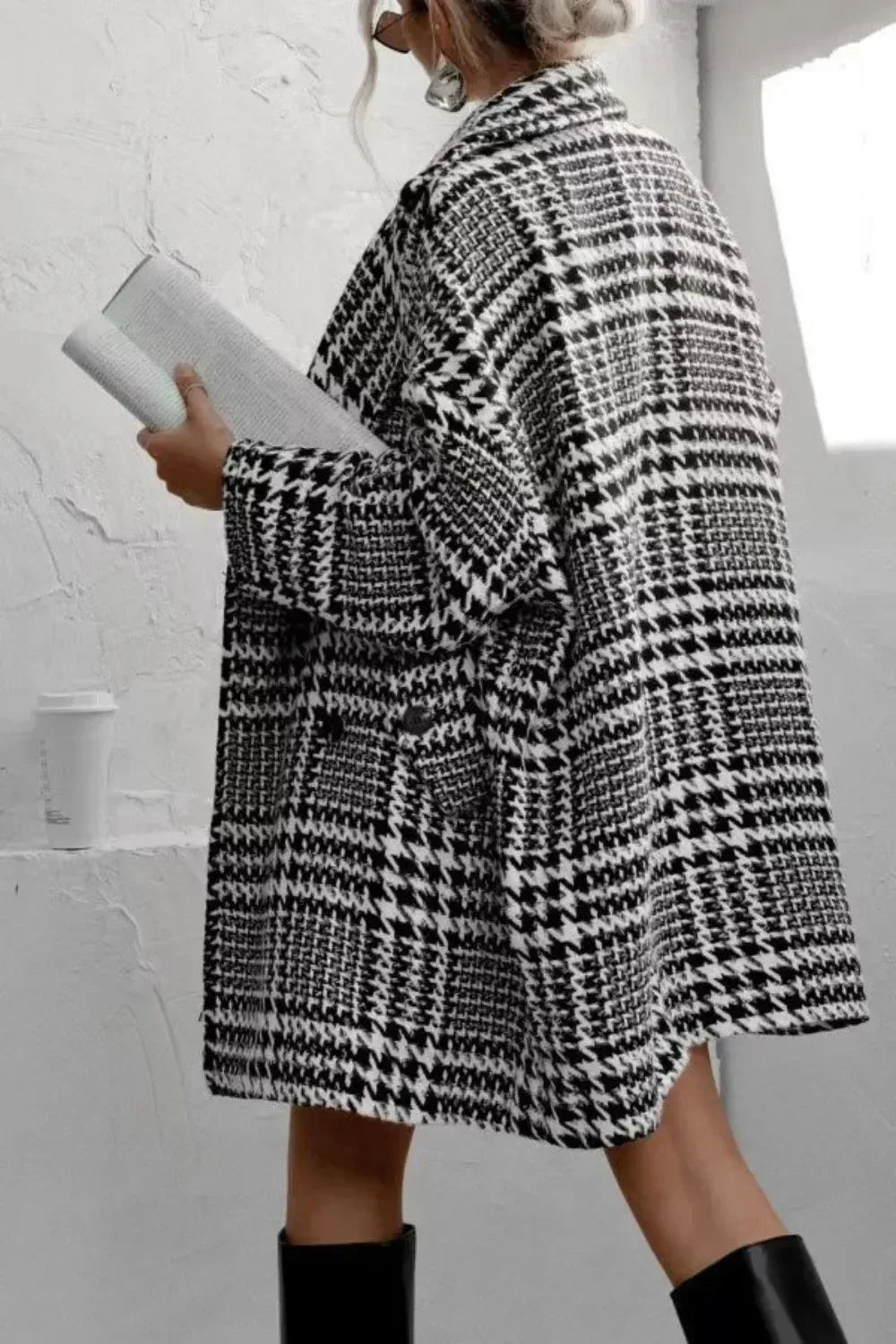 Houndstooth Collared Neck Long Sleeve Coat with Pockets - DAVERRI FASHIONS