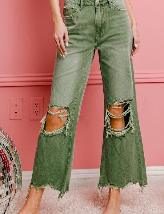 Distressed Vintage Washed Wide Leg Pants ASH GREEN Pants