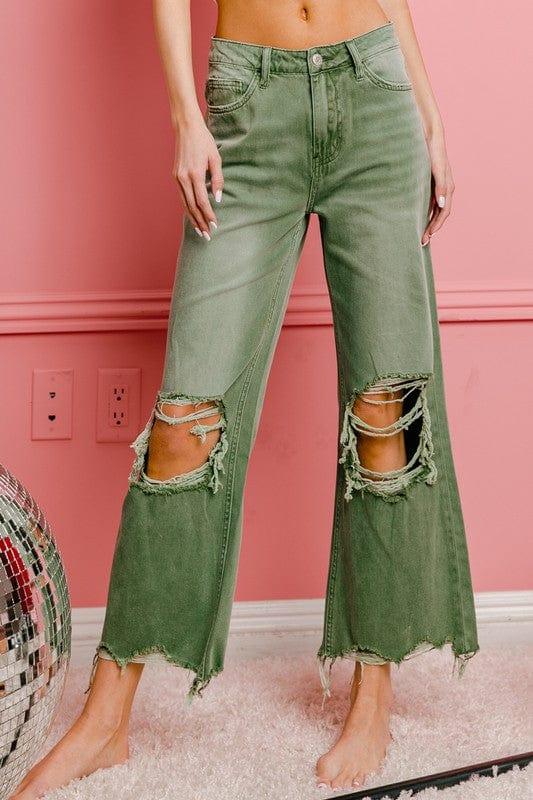 Distressed Vintage Washed Wide Leg Pants ASH GREEN Pants