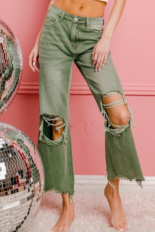 Distressed Vintage Washed Wide Leg Pants Pants