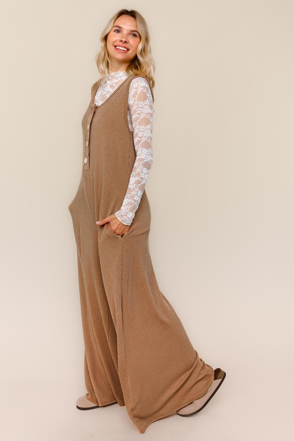 Haptics oversized wide-leg tan ribbed corduroy jumpsuit with button front