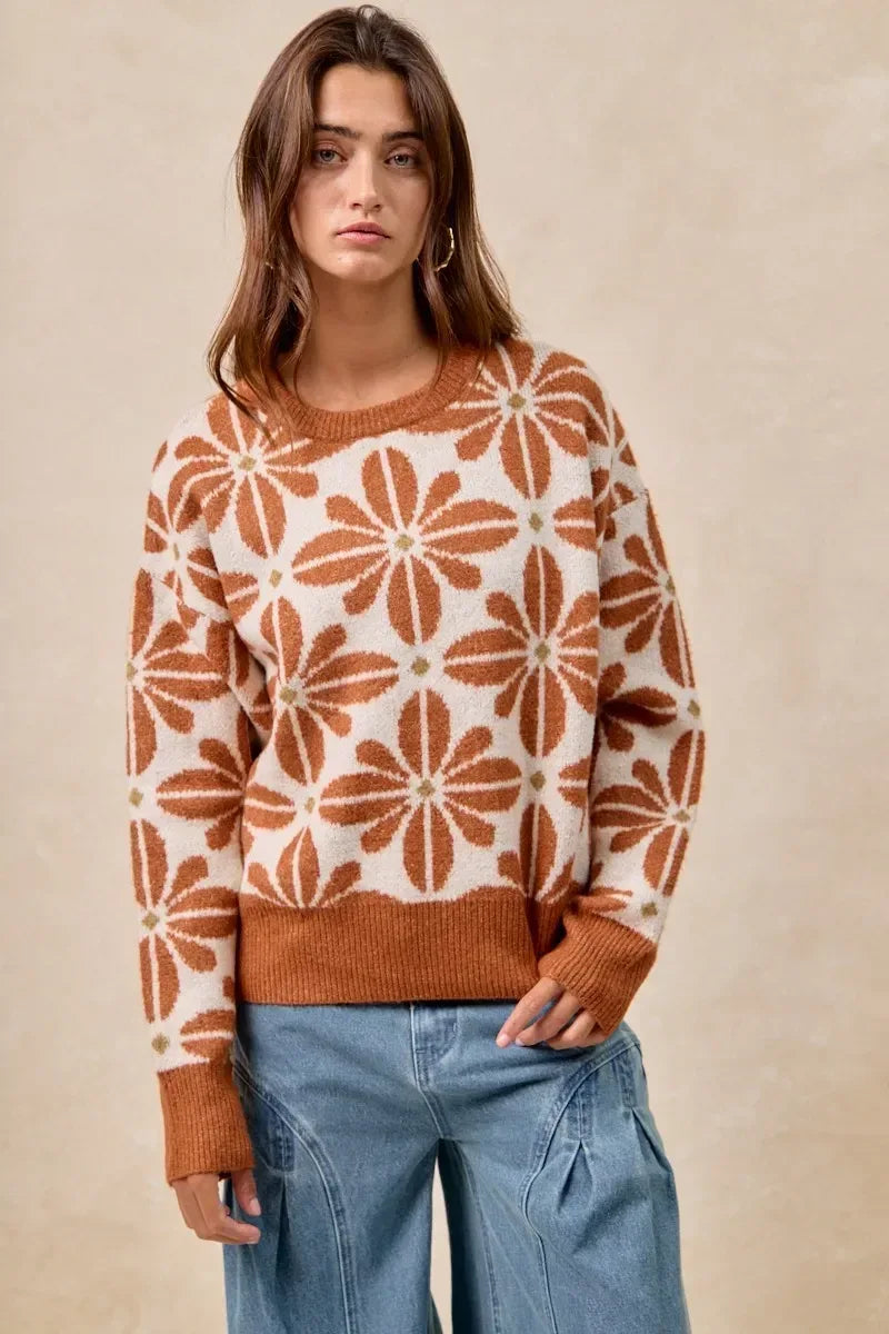 BiBi Flower Pattern Long Sleeve Sweater - DAVERRI FASHIONS