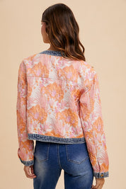 Annie Wear Floral Jacquard Denim Contrast Button Down Jacket Tops