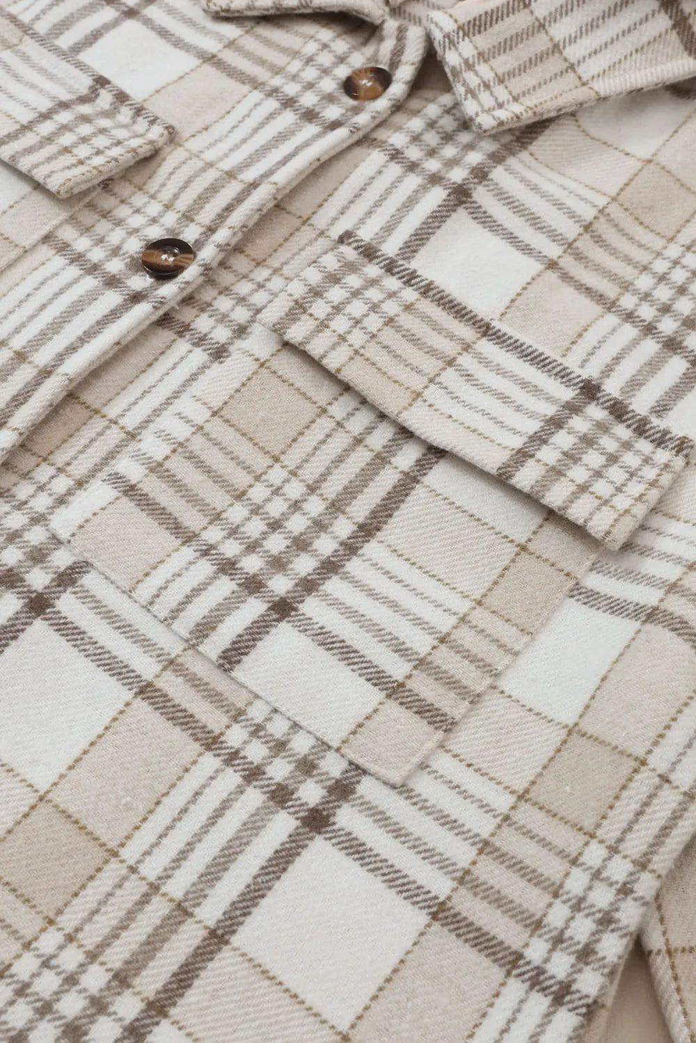 Daverri plaid removable hood beige gray flannel shacket with brown buttons