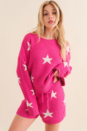 Soft Long Sleeve Star Print Top and Short Set Hot Pink Loungewear Sets