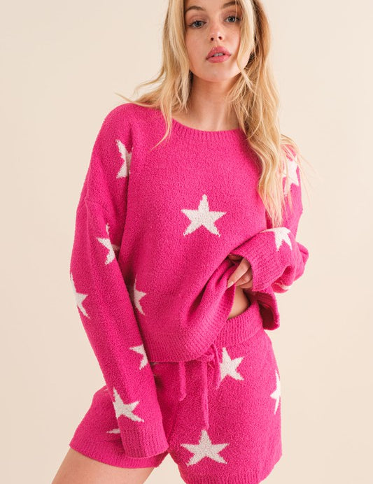 Soft Long Sleeve Star Print Top and Short Set Hot Pink Loungewear Sets