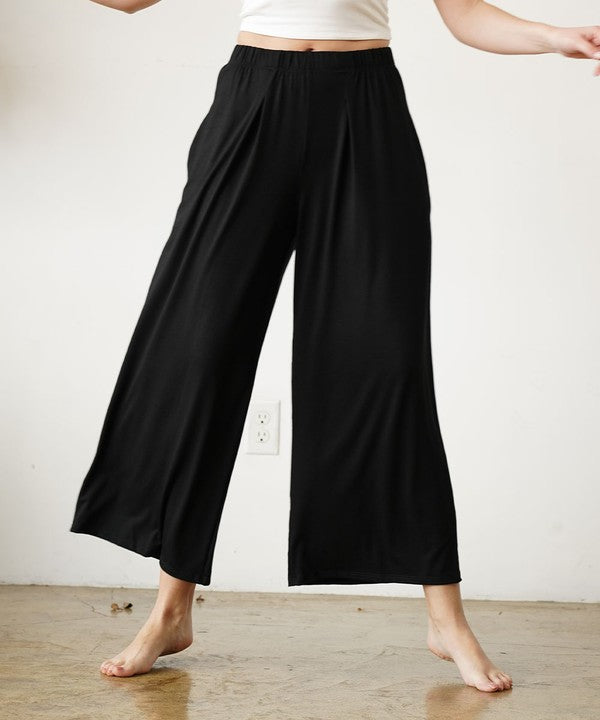 Full Size Bamboo Ankle Length Wide Leg Pants BLACK Bottoms