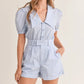 MABLE Striped Puff Sleeve Collared Neck Romper Lt Blue S Rompers