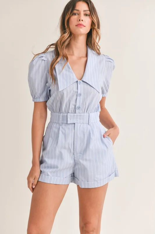 MABLE Striped Puff Sleeve Collared Neck Romper Lt Blue S Rompers