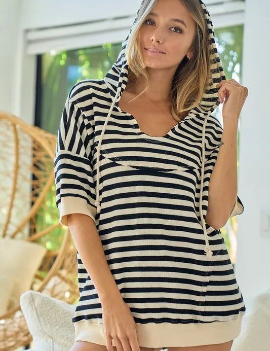 BLACK CREAM BiBi Stripe Fleece Notch Neck Short Sleeve Hoodie | Hoodies Daverri Fashions