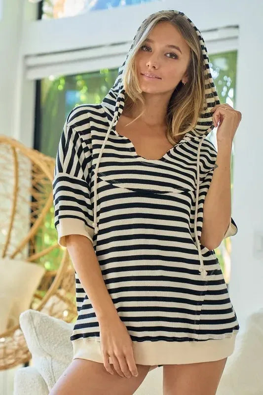BiBi Stripe Fleece Notch Neck Short Sleeve Hoodie - DAVERRI FASHIONS
