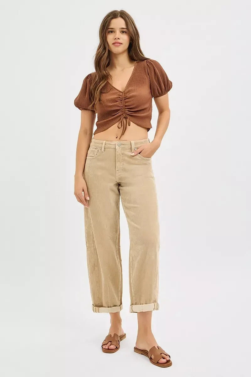 RISEN High Rise Crop Barrel Cordurory Pants - DAVERRI FASHIONS