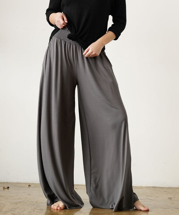 Smocked Waist Organic Bamboo Palazzo Pants DULL GREY Pants