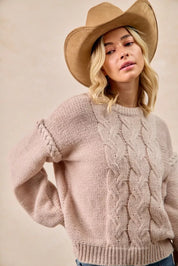 Dusty rose BiBi cable knit sweater with shoulder braid and tan hat