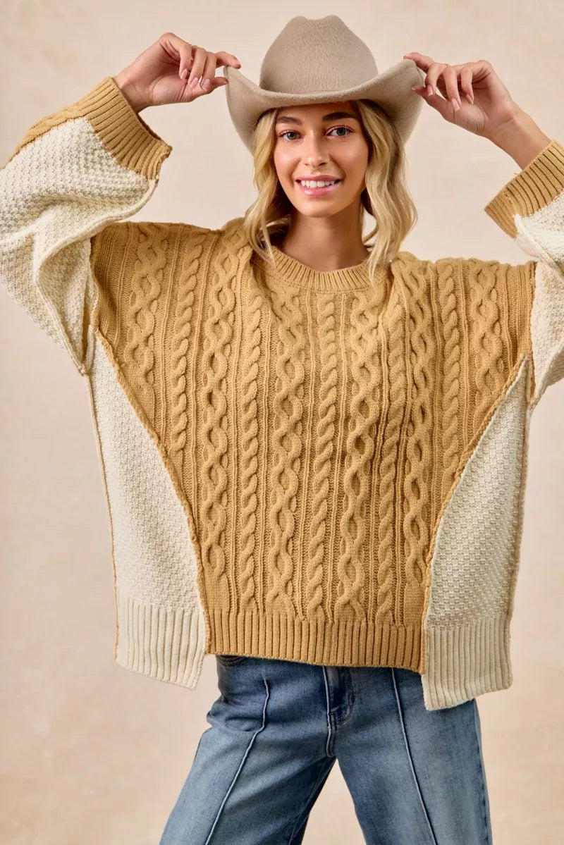 BiBi Cable Knit With Hacci Combo Sweater With Uneven Hem Detail | Sweaters Daverri Fashions