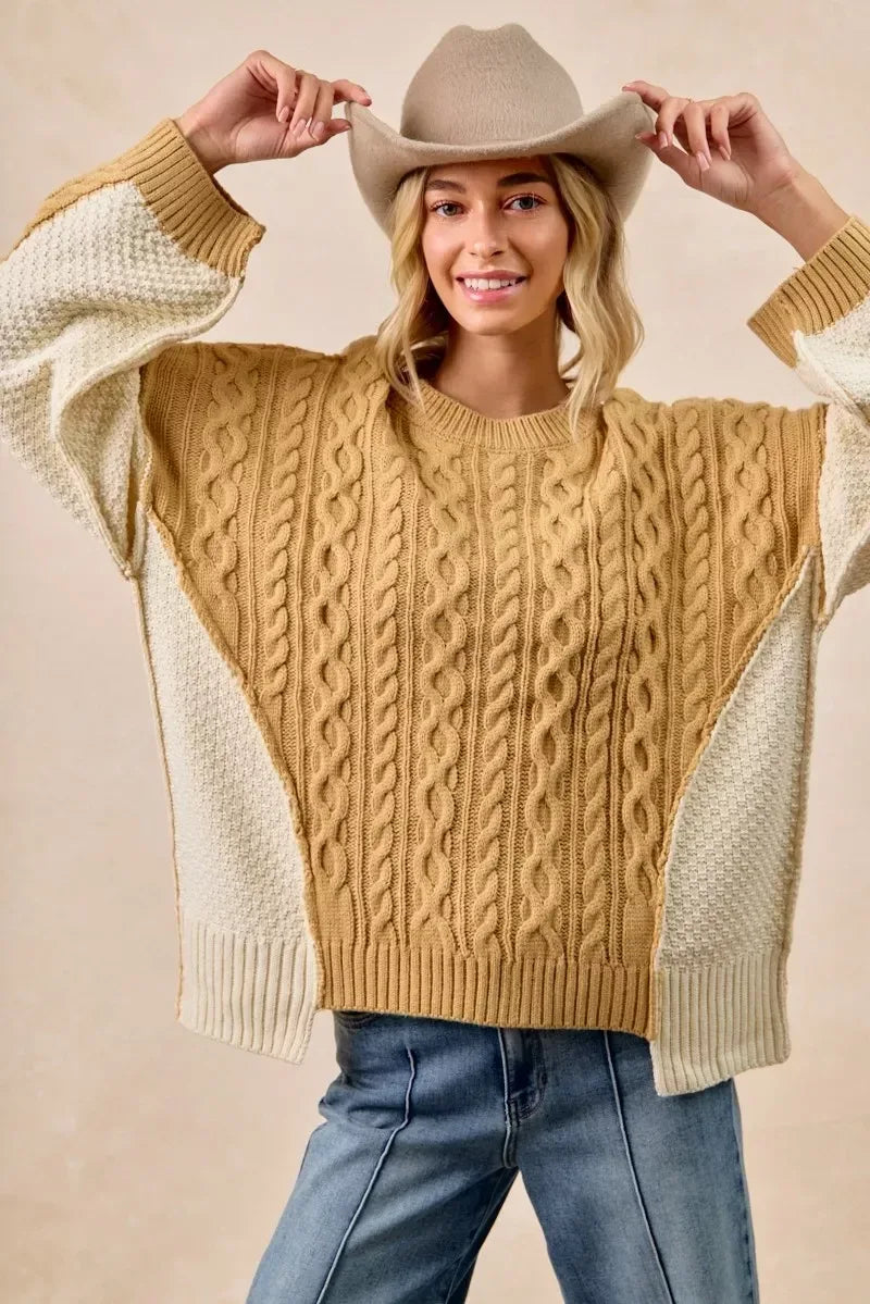 BiBi Cable Knit With Hacci Combo Sweater With Uneven Hem Detail - DAVERRI FASHIONS