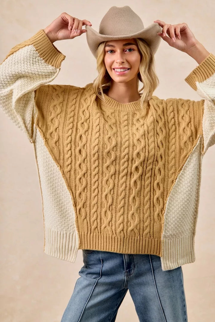 BiBi Cable Knit With Hacci Combo Sweater With Uneven Hem Detail | Sweaters Daverri Fashions