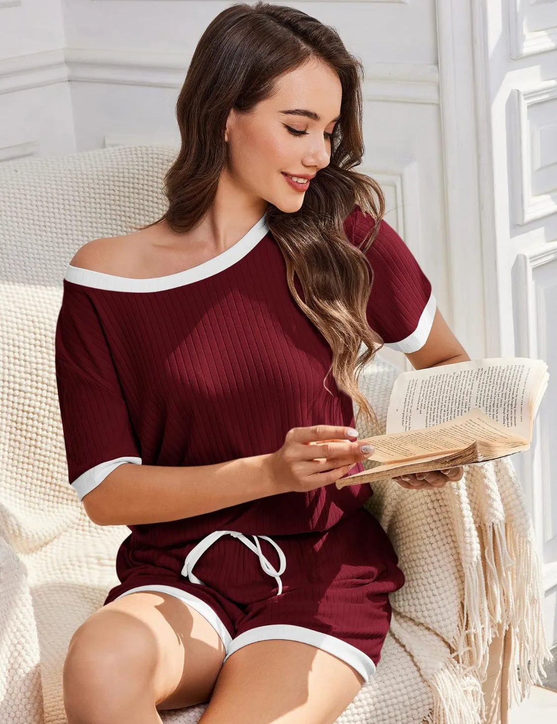 Daverri Fashions burgundy ribbed pajama set with white trim